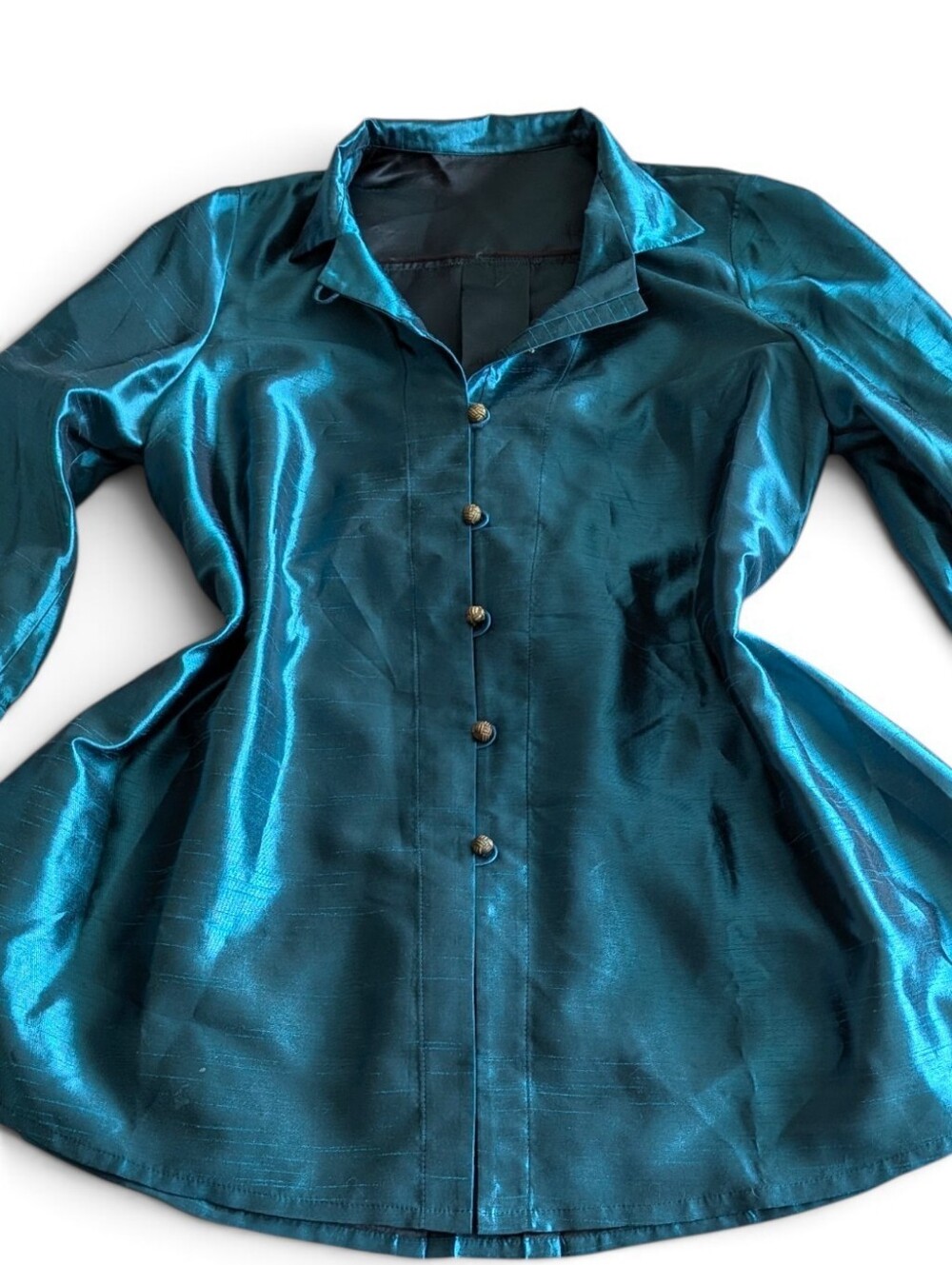 VTG Rising Phoenix 100% Raw Silk Shantung Mandarin Jacket Teal Top Art to Wear L